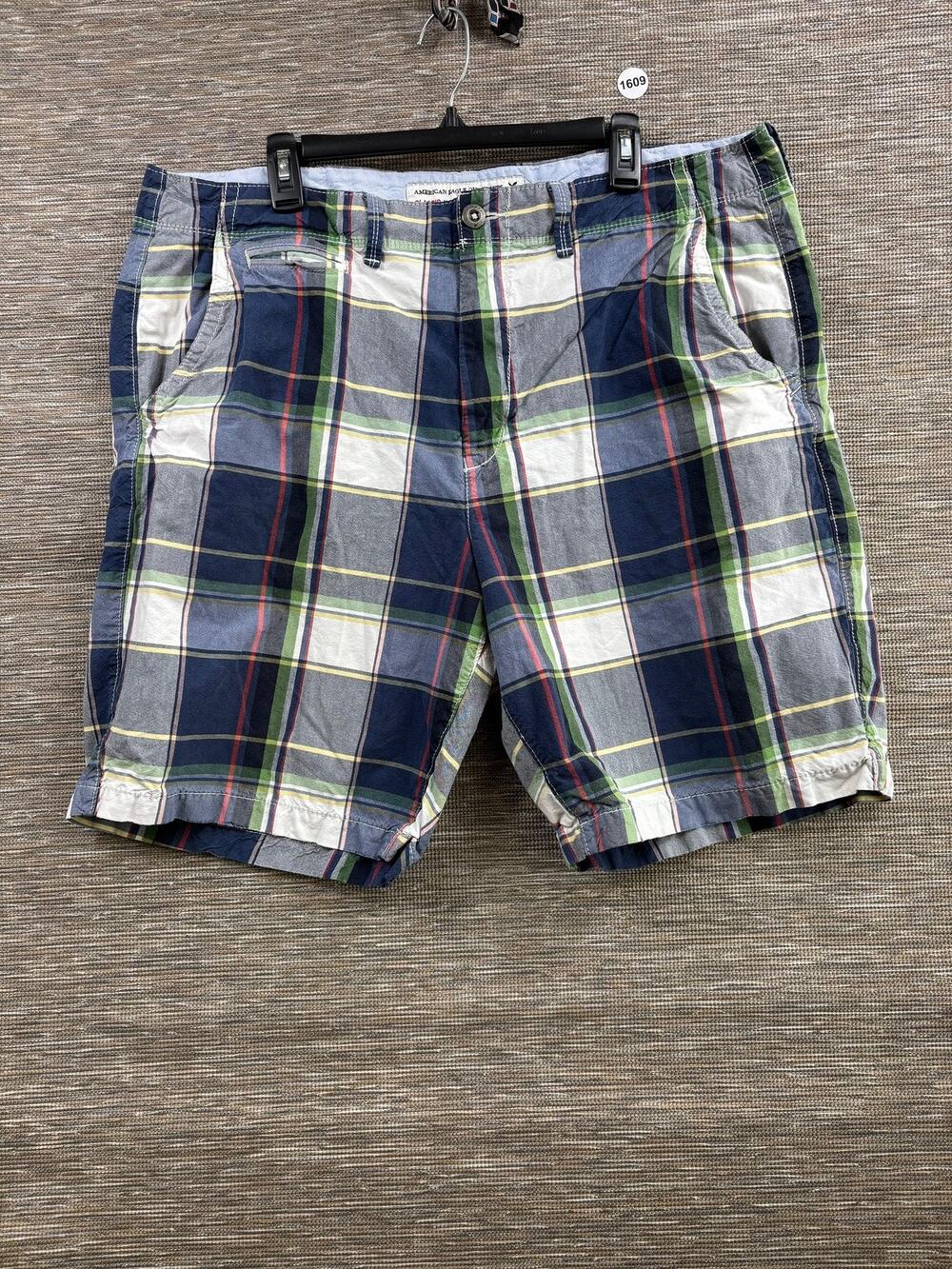 American Eagle Outfitters Shorts Mens 40 Blue Plaid Chino 8 Inseam Summer Casual
